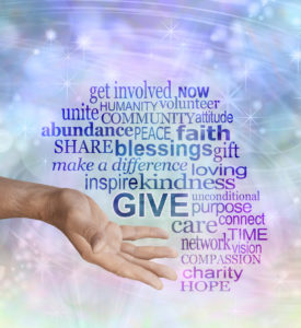 a hand surrounded by words of giving and blessings